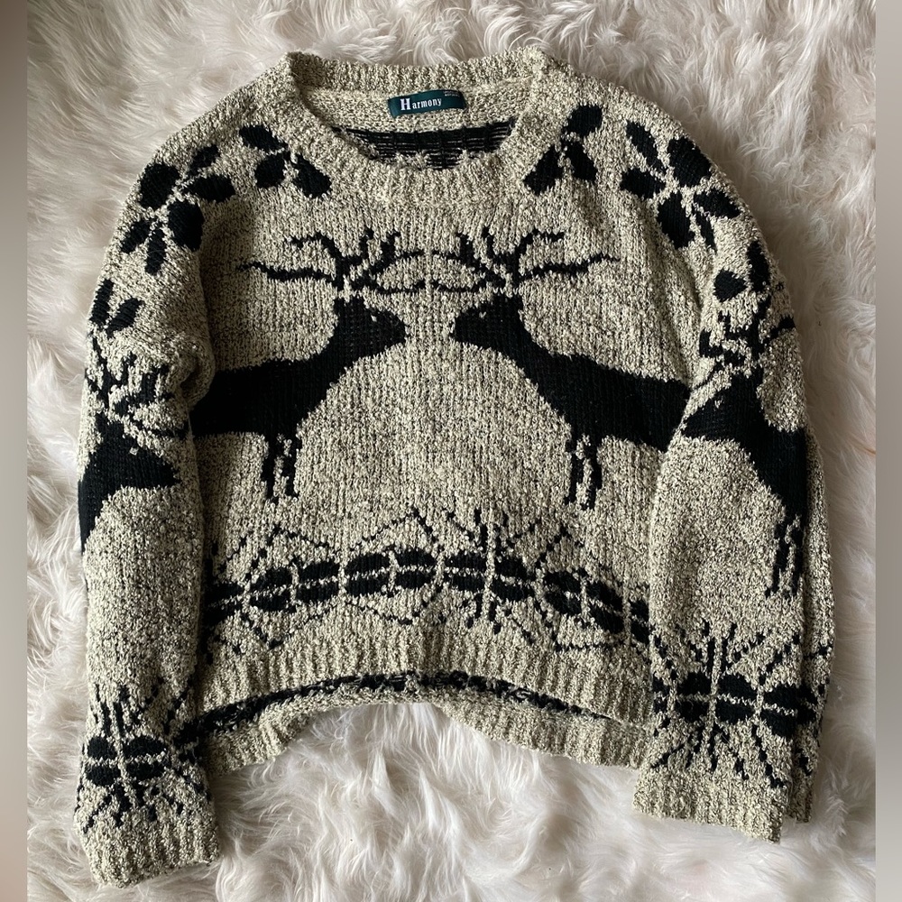 Harmony Holiday Knit Sweater with Reindeers in grey/black. One size